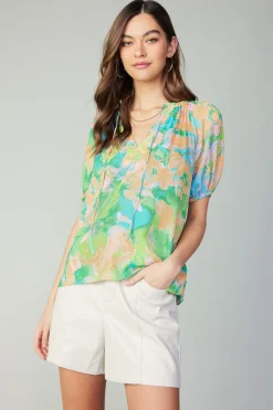 Current Air Abstract Split Neck Blouse GREENORANGE Fashion