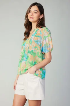 Current Air Abstract Split Neck Blouse GREENORANGE Fashion