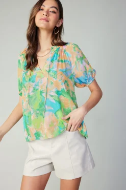 Current Air Abstract Split Neck Blouse GREENORANGE Fashion