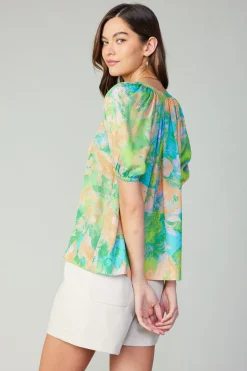 Current Air Abstract Split Neck Blouse GREENORANGE Fashion