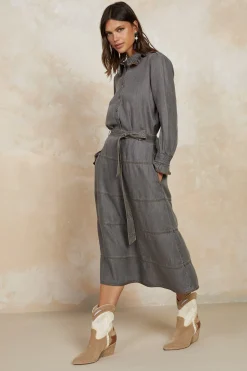 Current Air Belted Chambray Midi Skirt WASHEDBLACK New
