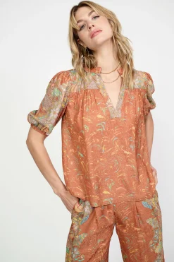 Current Air Border Print Retro Floral Blouse BROWNMLT Online