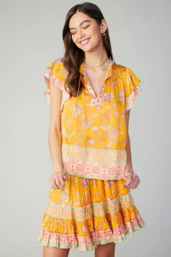 Current Air Border Print Tiered Mini Skirt YELLOWMLT Clearance