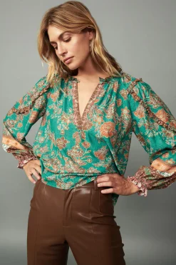 Current Air Border Ruffled Floral Blouse GREENMLT Best