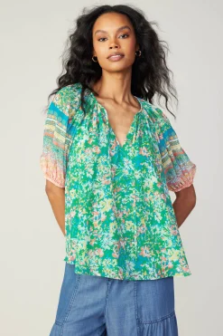 Current Air Bordered Floral Print Top GREENMULTI Discount