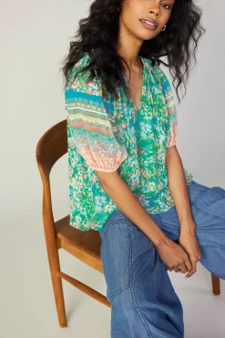 Current Air Bordered Floral Print Top GREENMULTI Discount