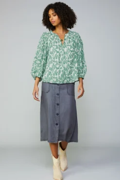 Current Air Botanical Jacquard Raglan Blouse GREEN New