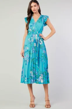Current Air Botanical Pleated Midi Dress BLUE Best