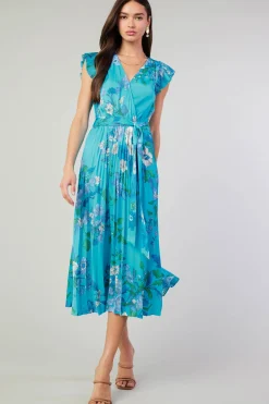 Current Air Botanical Pleated Midi Dress BLUE Best