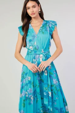 Current Air Botanical Pleated Midi Dress BLUE Best