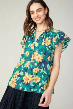 Current Air Botanical Print Eyelet Blouse YELLOWFLORALMLT Hot