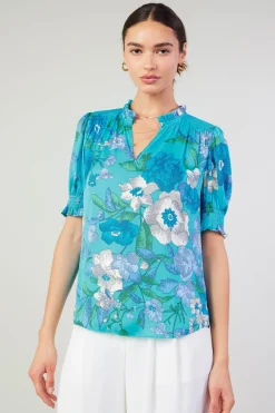 Current Air Botanical Smocked Shoulder Blouse BLUE Clearance