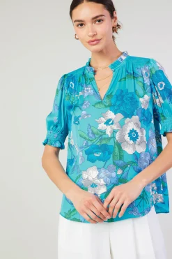 Current Air Botanical Smocked Shoulder Blouse BLUE Clearance