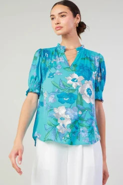 Current Air Botanical Smocked Shoulder Blouse BLUE Clearance