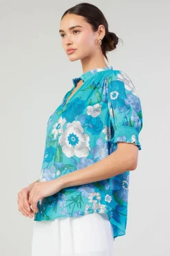 Current Air Botanical Smocked Shoulder Blouse BLUE Clearance