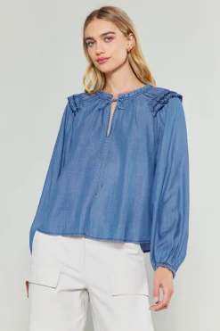 Current Air Picot Stitched Blouse CHAMBRAY Outlet