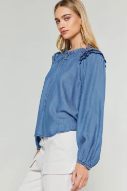 Current Air Picot Stitched Blouse CHAMBRAY Outlet
