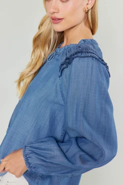 Current Air Picot Stitched Blouse CHAMBRAY Outlet