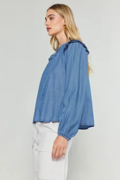 Current Air Picot Stitched Blouse CHAMBRAY Outlet
