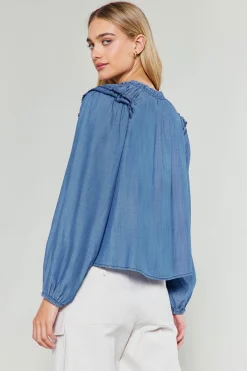 Current Air Picot Stitched Blouse CHAMBRAY Outlet