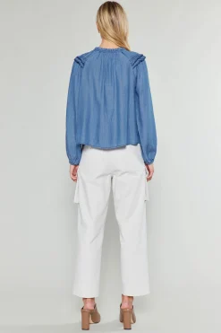 Current Air Picot Stitched Blouse CHAMBRAY Outlet