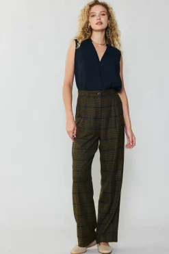 Current Air Checkered Wide Leg Pants OLIVE Discount