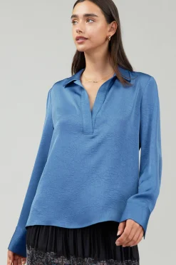 Current Air Collared Splitneck Blouse DUSTYBLUE Clearance