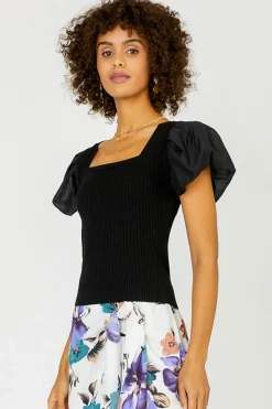 Current Air Constrast Puff Sleeve Sweater Top BLACK Best