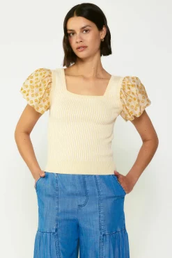 Current Air Constrast Puff Sleeve Sweater Top APRICOTMLT Fashion