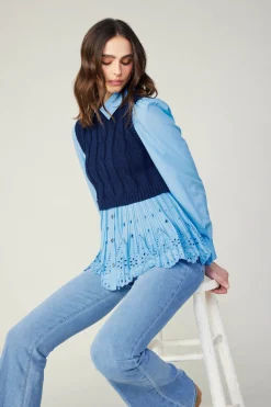 Current Air Contrast Knit Eyelet Top BABYBLUE Clearance
