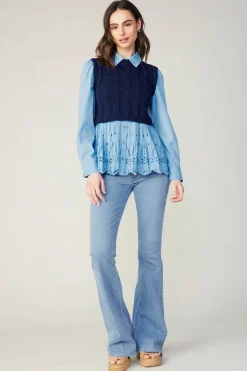 Current Air Contrast Knit Eyelet Top BABYBLUE Clearance