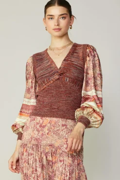Current Air Contrast Sleeve Border Print Sweater BRICKSAGEMLT Online