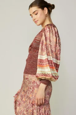 Current Air Contrast Sleeve Border Print Sweater BRICKSAGEMLT Online