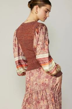 Current Air Contrast Sleeve Border Print Sweater BRICKSAGEMLT Online