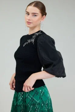 Current Air Contrast Sleeve Knit Blouse BLACK Best