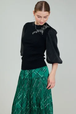 Current Air Contrast Sleeve Knit Blouse BLACK Best