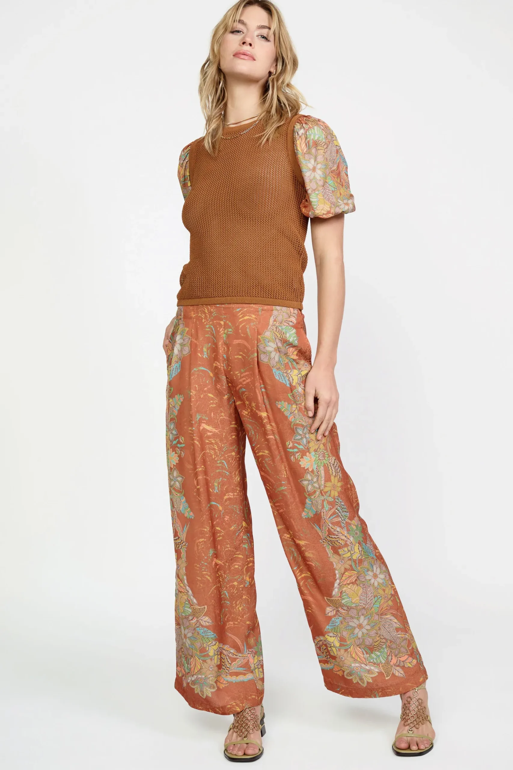 Current Air Contrast Sleeve Retro Knit Top BROWN Discount