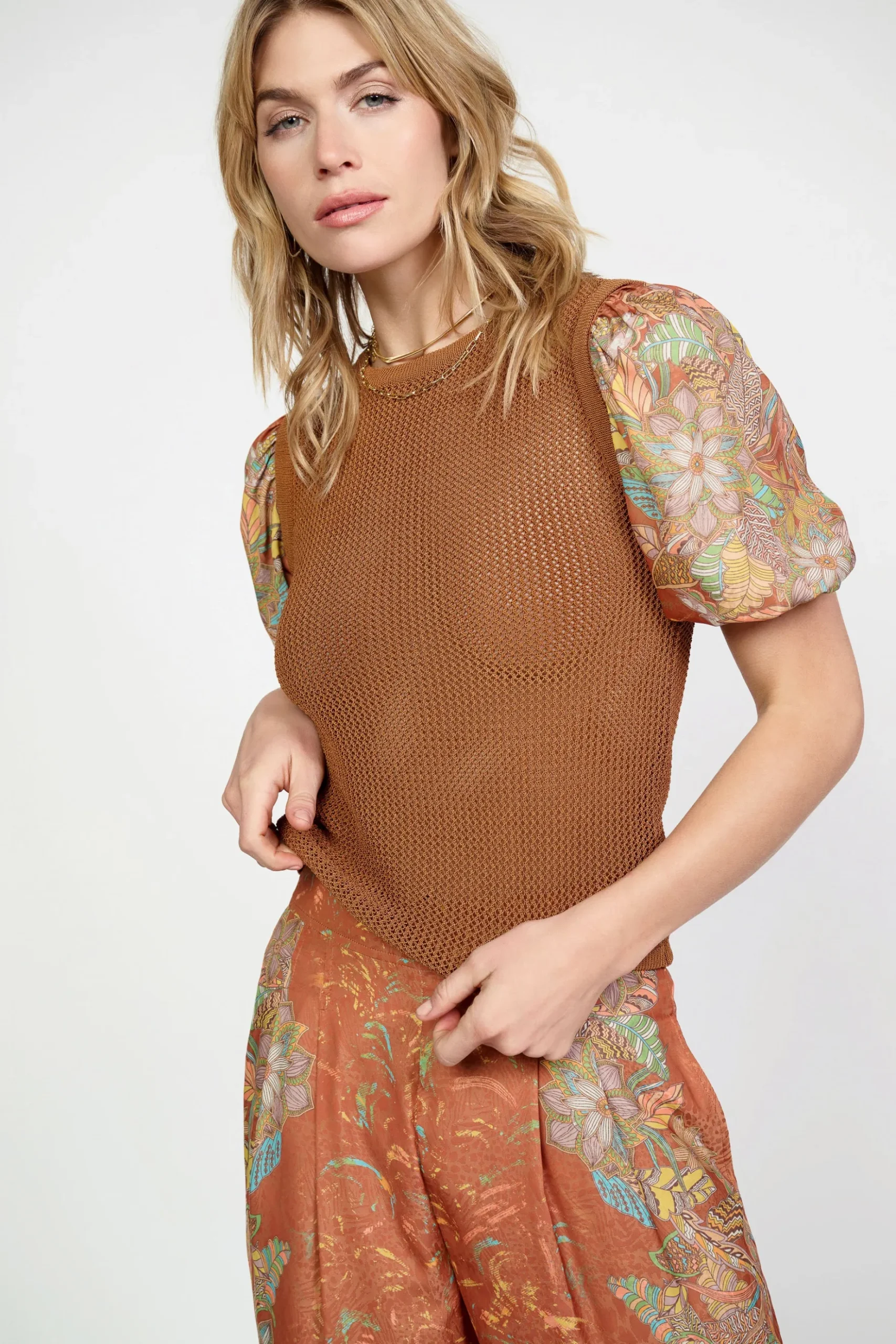 Current Air Contrast Sleeve Retro Knit Top BROWN Discount