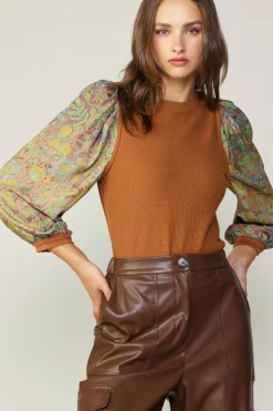 Current Air Contrast Sleeve Sweater Top CAMELGREEN New