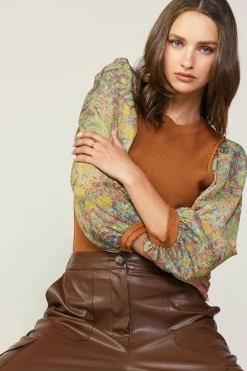 Current Air Contrast Sleeve Sweater Top CAMELGREEN New