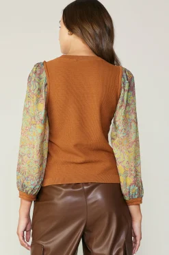 Current Air Contrast Sleeve Sweater Top CAMELGREEN New