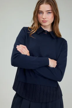 Current Air Corduroy Knit & Woven Top NAVY Hot