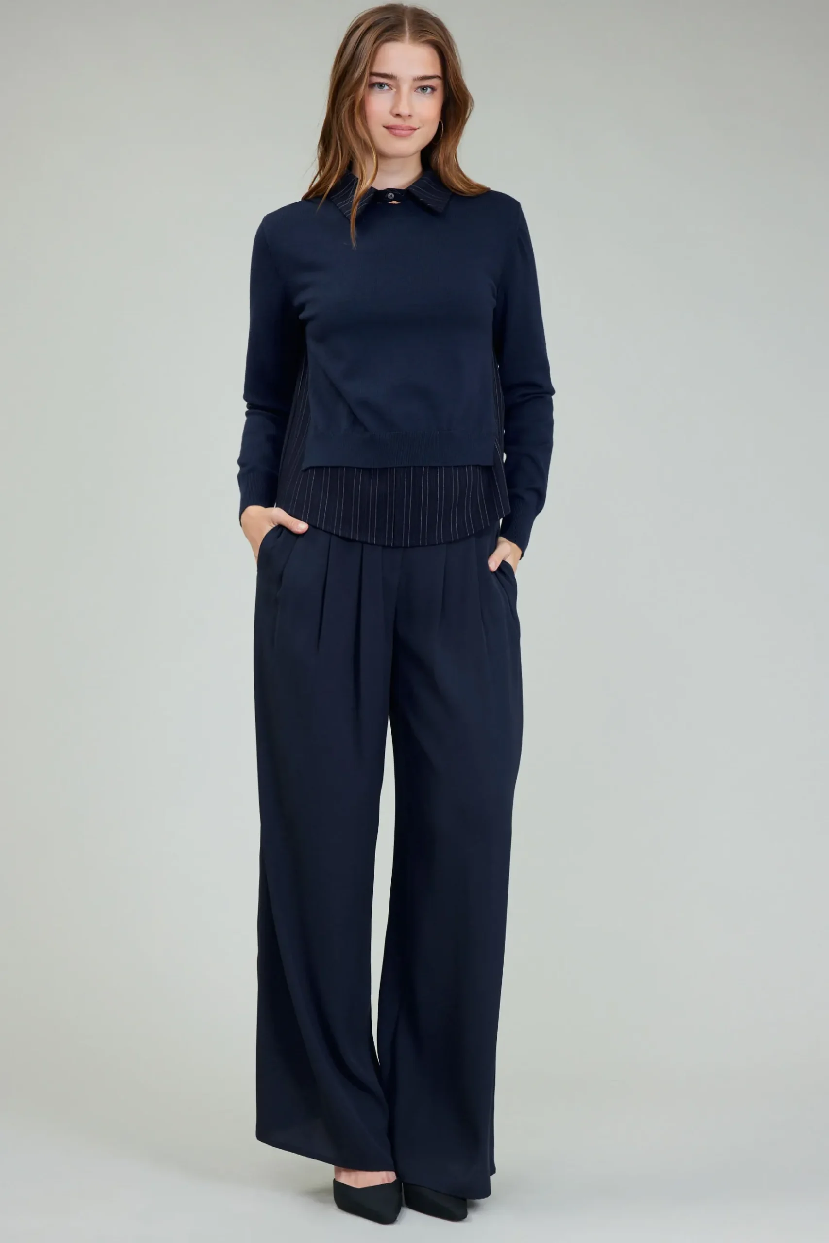 Current Air Corduroy Knit & Woven Top NAVY Hot