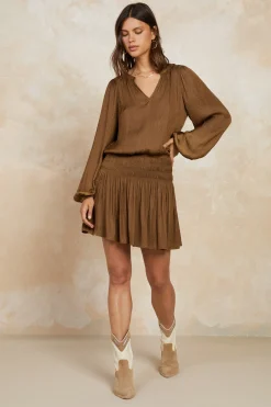 Current Air Crinkle Texture Smocked Mini Dress BROWN Outlet