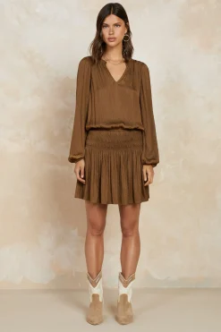 Current Air Crinkle Texture Smocked Mini Dress BROWN Outlet