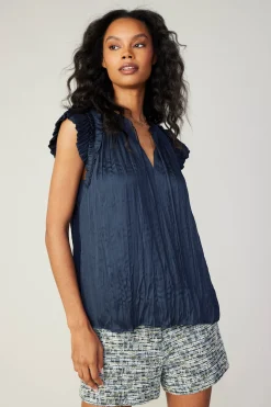 Current Air Crinkled Flutter Sleeve Top SLATENAVY Best