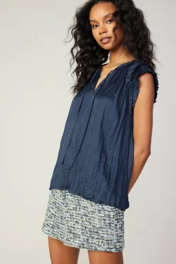 Current Air Crinkled Flutter Sleeve Top SLATENAVY Best