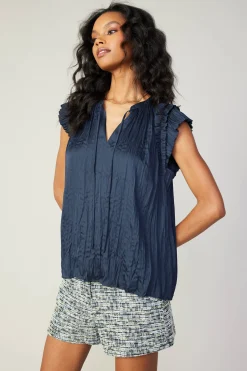 Current Air Crinkled Flutter Sleeve Top SLATENAVY Best