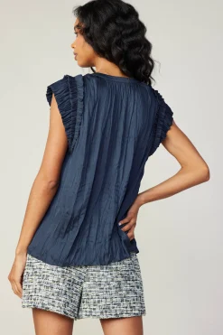 Current Air Crinkled Flutter Sleeve Top SLATENAVY Best