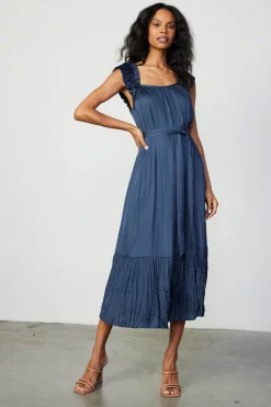 Current Air Crinkled Ruffled Shoulder Midi Dress NAVY Discount
